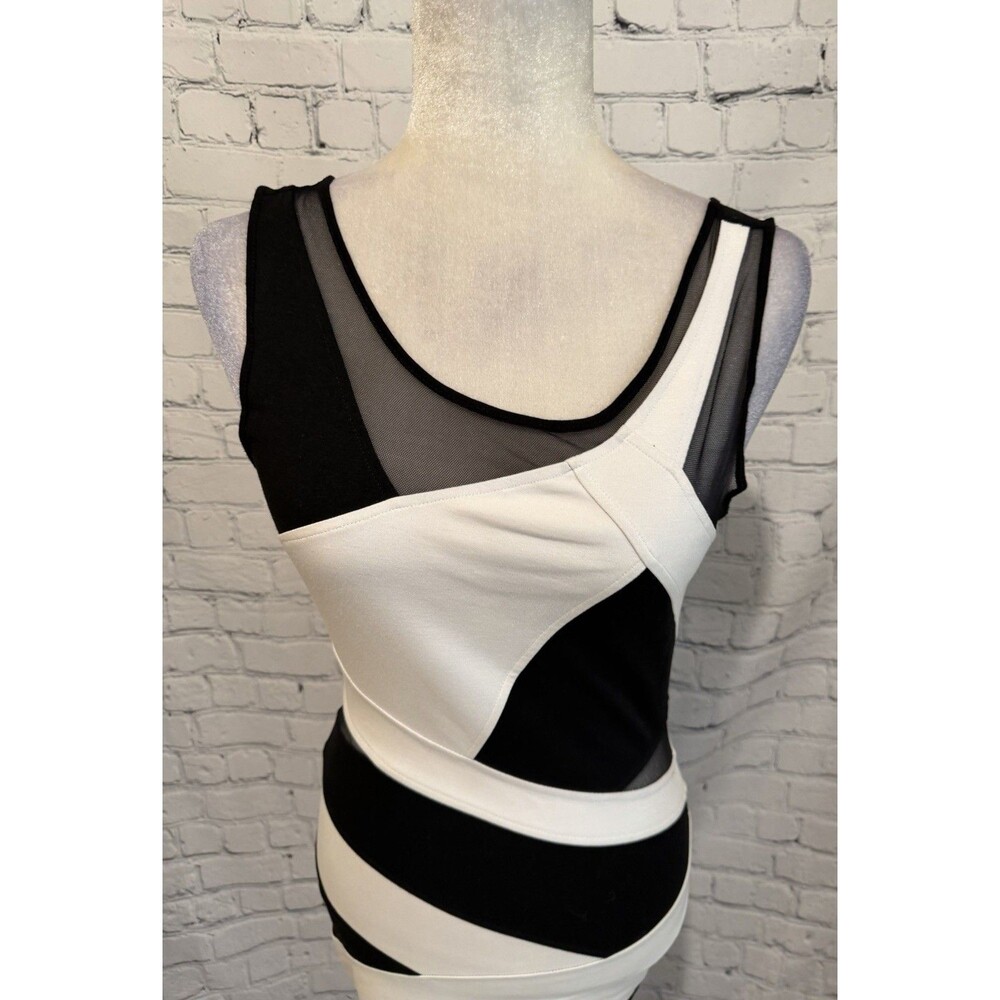 Bebe Black & White geometric pattern bodycon dress featuring sheer mesh Small - Picture 2 of 7